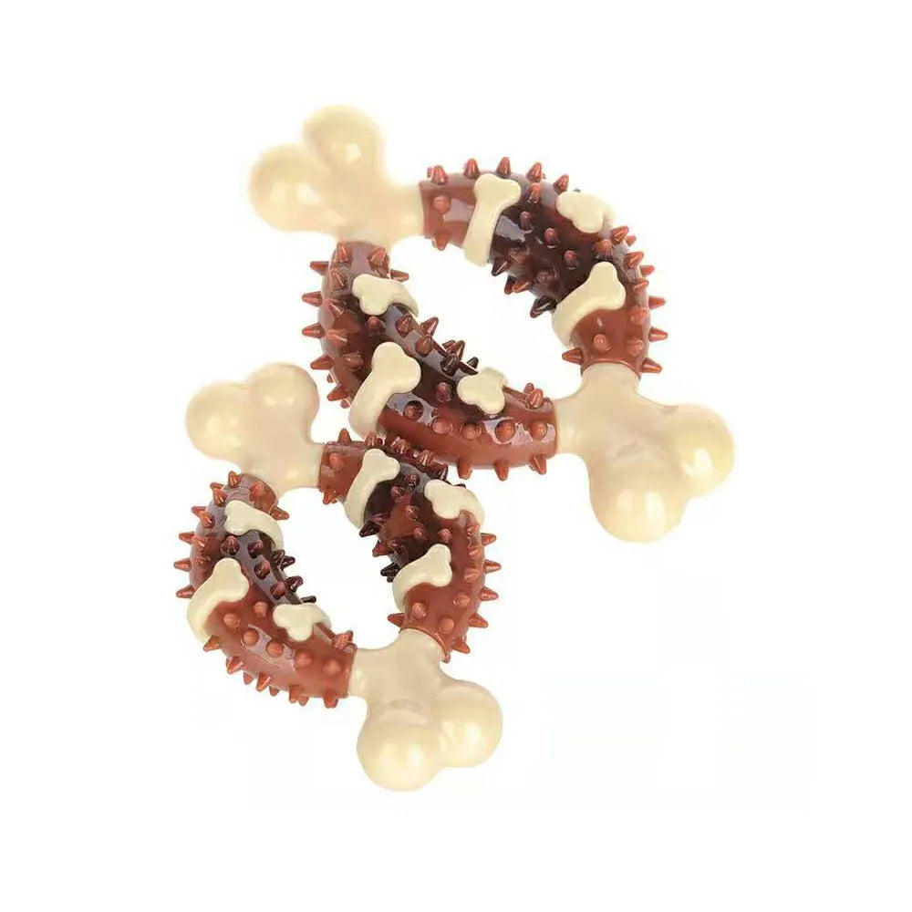 Bone-shaped natural rubber dog chew toy for grinding teeth, shown in large and small sizes.