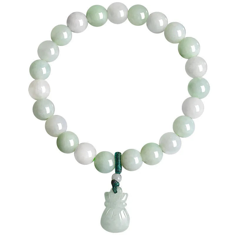 Jade purse bracelet with 8mm floral beads on wrist, traditional Chinese unisex design