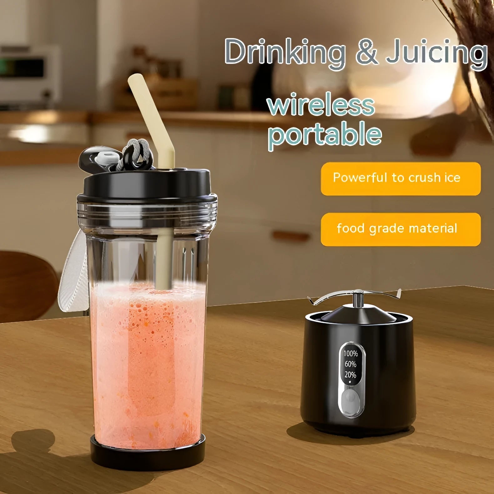 Portable USB rechargeable juicer cup 500ml in black plastic with lid and straw