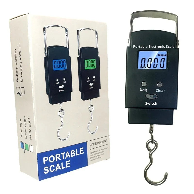 Mini handheld electronic scale with blue backlight display, 50kg capacity, plastic body, English or Chinese text option