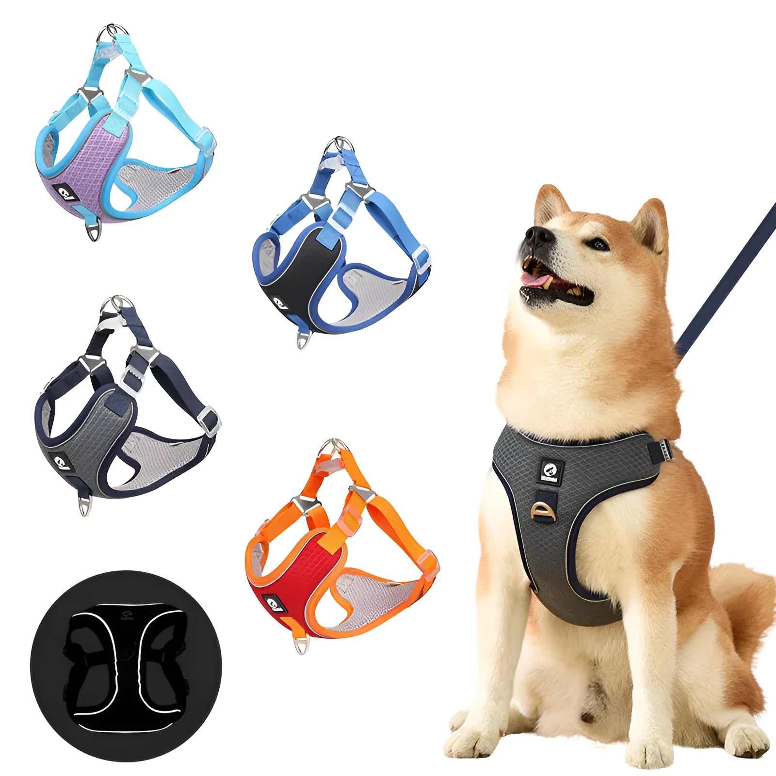 Adjustable dog harness with breathable mesh and reflective piping in black colour on mannequin