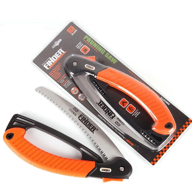 A folded and unfolded view of a black TPR grip folding pruning saw with a 9-inch 65MN steel blade.