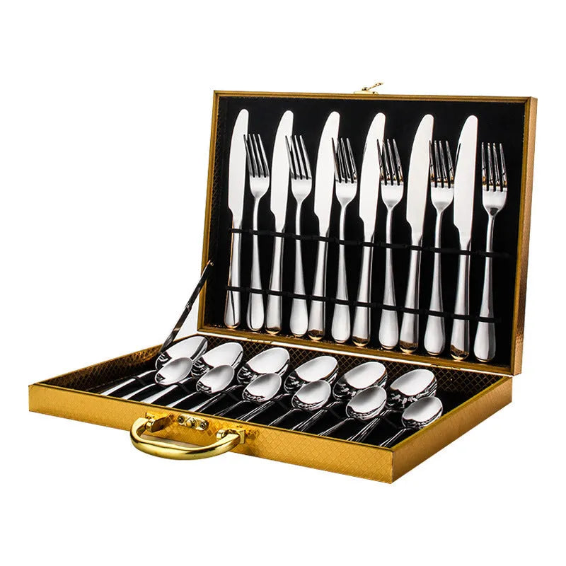 24 piece stainless steel cutlery set showing knives, forks and spoons in various colour finishes with one-piece moulding construction