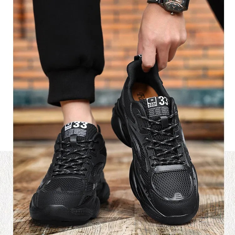 Breathable mesh casual sneakers with hidden elevator 6cm height increase black rubber sole