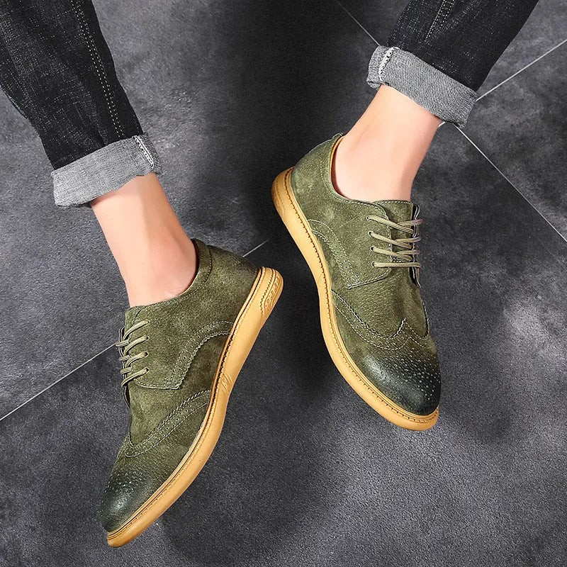 Men's black genuine cowhide leather business lace-up shoes with a rubber sole.