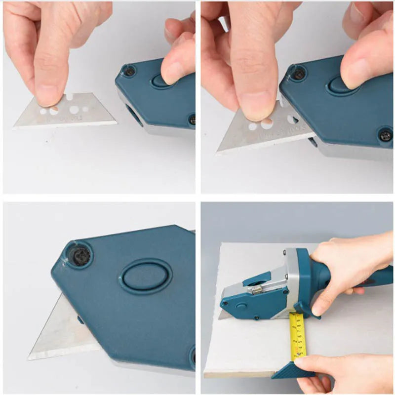 Blue multifunctional woodworking cutter with one-press lock and measuring scale for cutting boards.