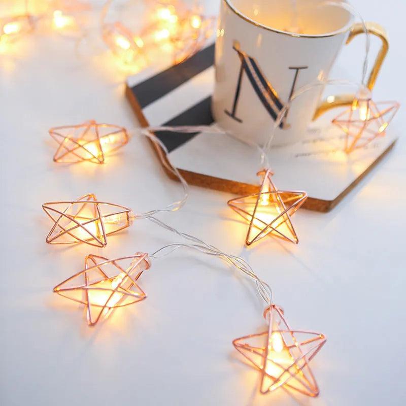 Rose gold five pointed star LED lamp string with 10 lights on 1.5m wire for indoor decoration