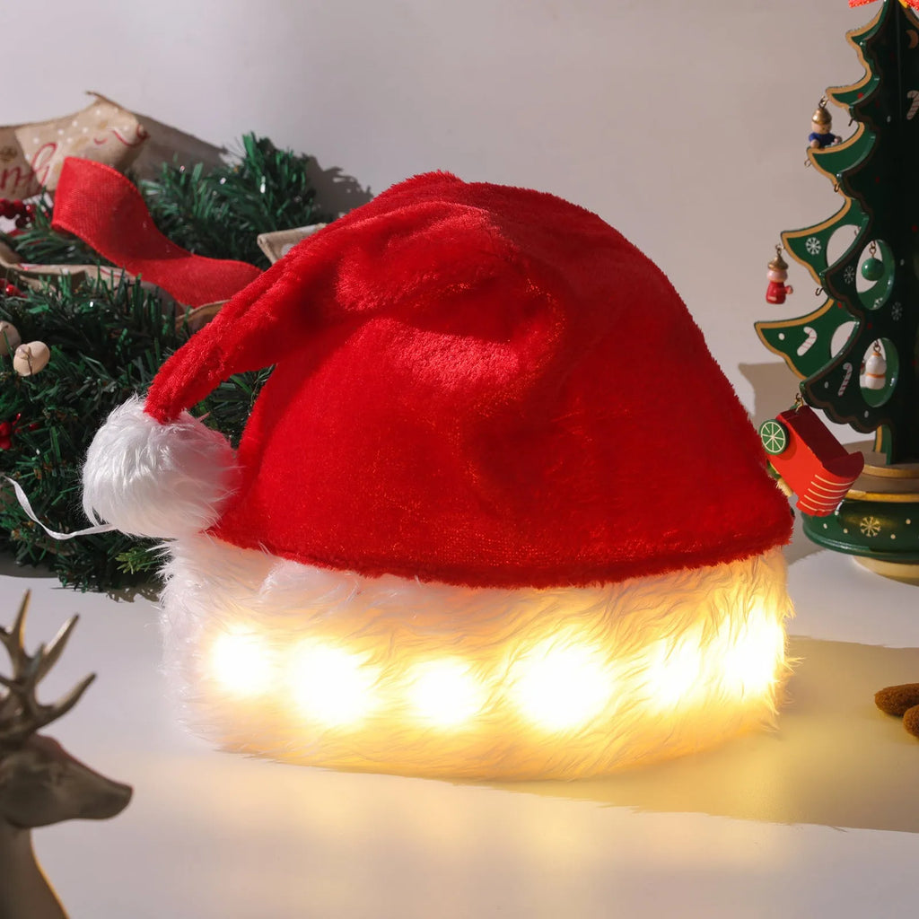 Red and white plush Santa hat with multicoloured LED lights glowing around brim and pom-pom decoration