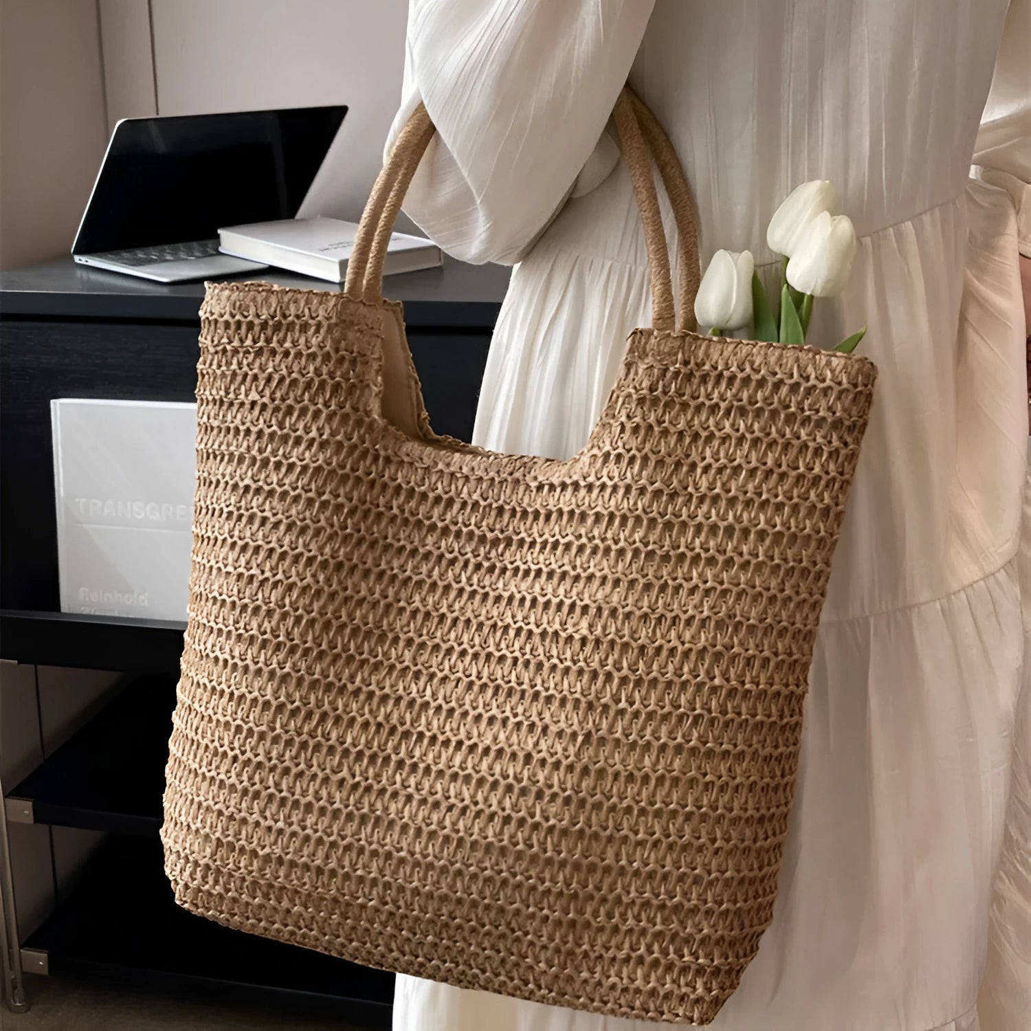 Women's large capacity straw bag in beige with double shoulder straps, 41cm wide 39cm high 12cm thick