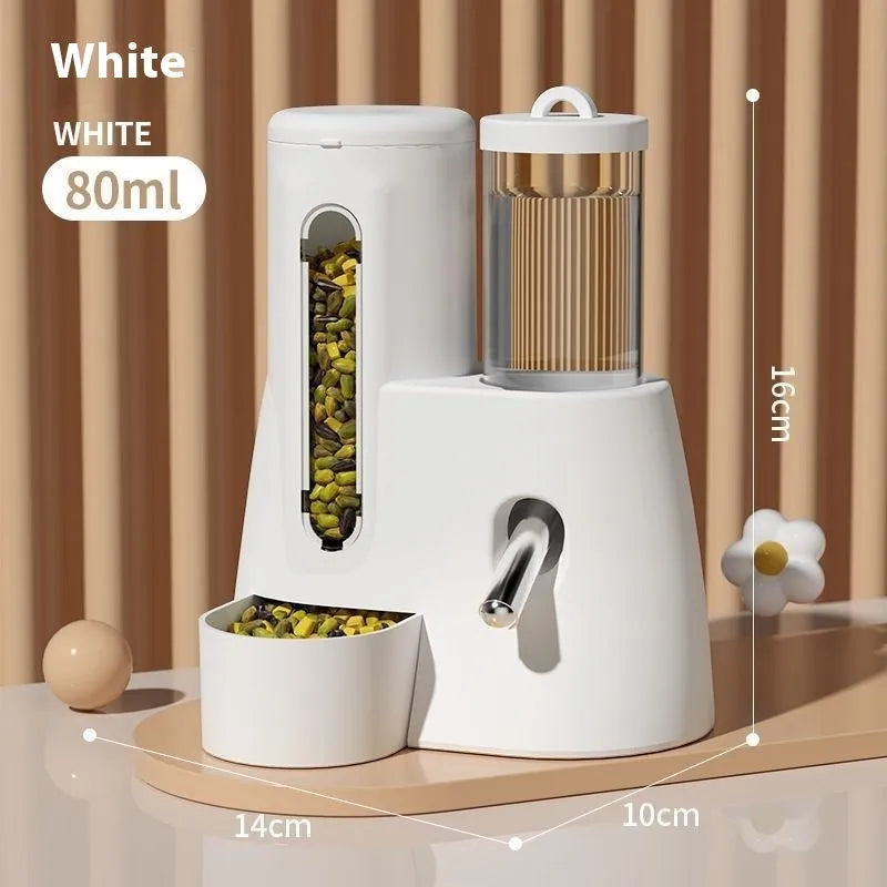 White, blue, and pink hamster automatic water feeder kettle with attached food basin.
