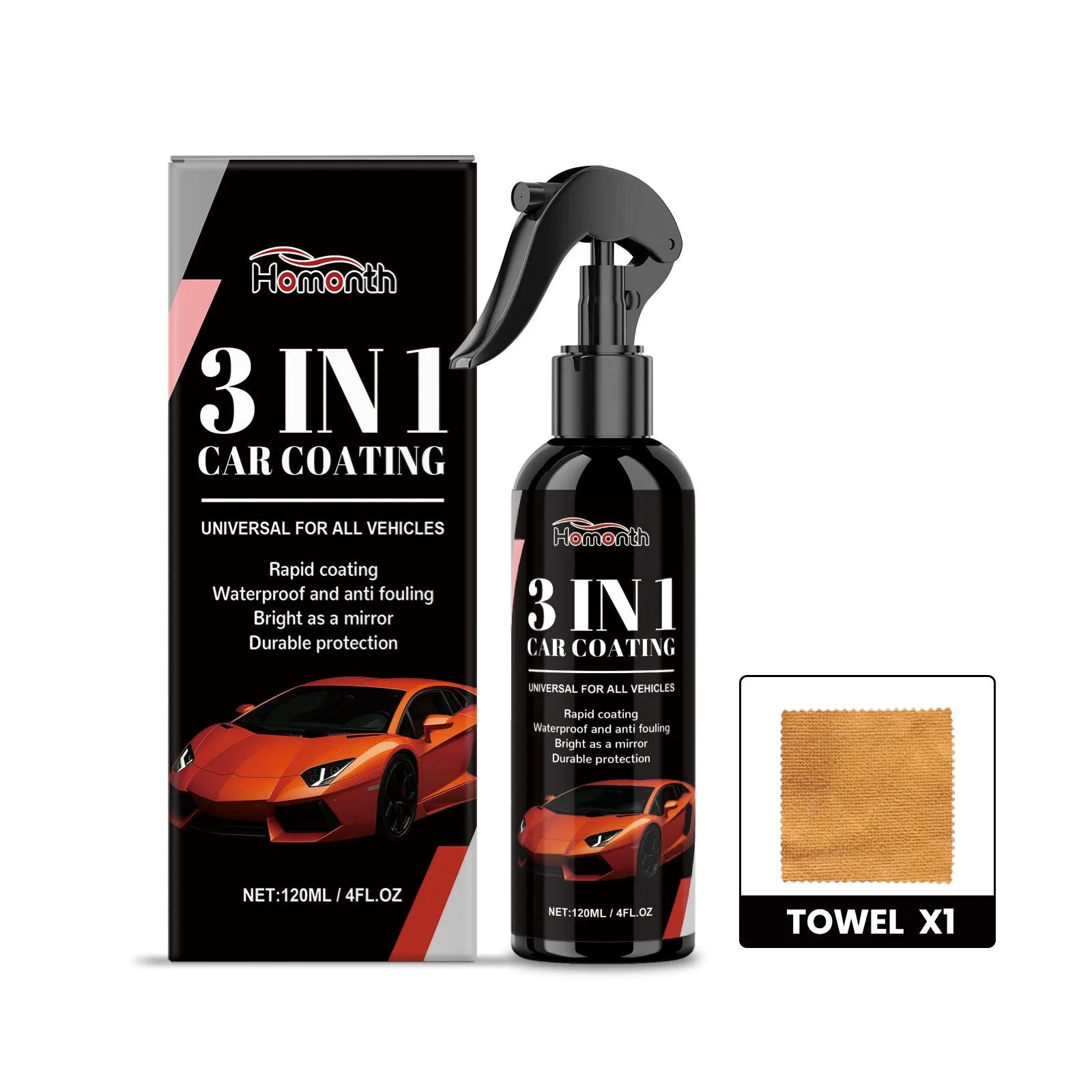 3-in-1 car coating spray with wax in 120ml bottle and 20x20cm towel for DIY car detailing