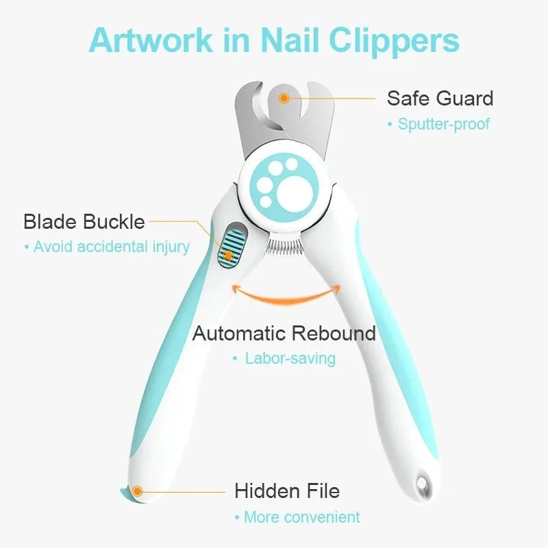 Blue and white pet nail clippers with stainless steel blade and safety stop for dogs and cats