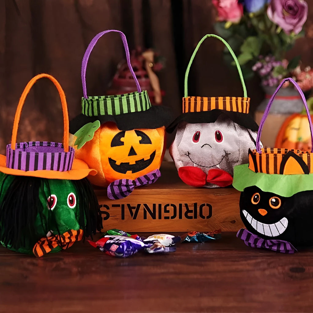 Halloween candy bag with pumpkin pattern design measuring 16cm by 16cm