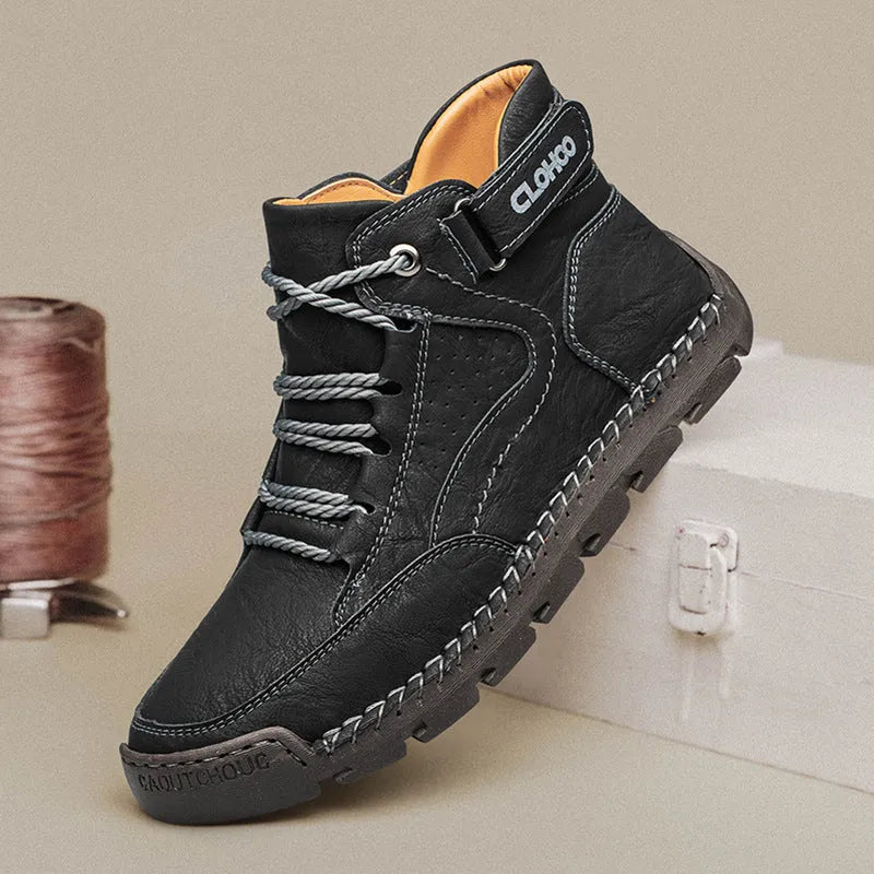 Martin boots men's casual shoes with stitching, black artificial PU upper, flat heel, rubber sole
