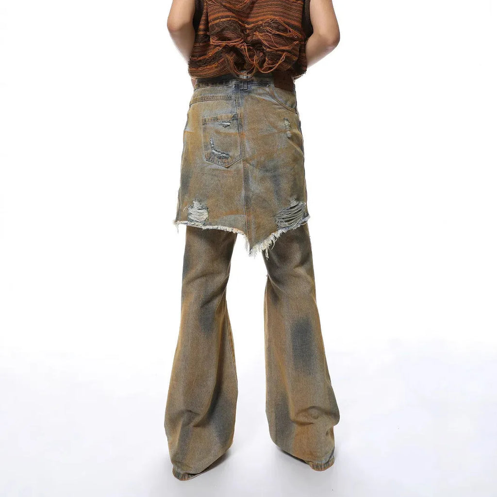 American street style loose hole bootcut pants in picture colour with high waist design