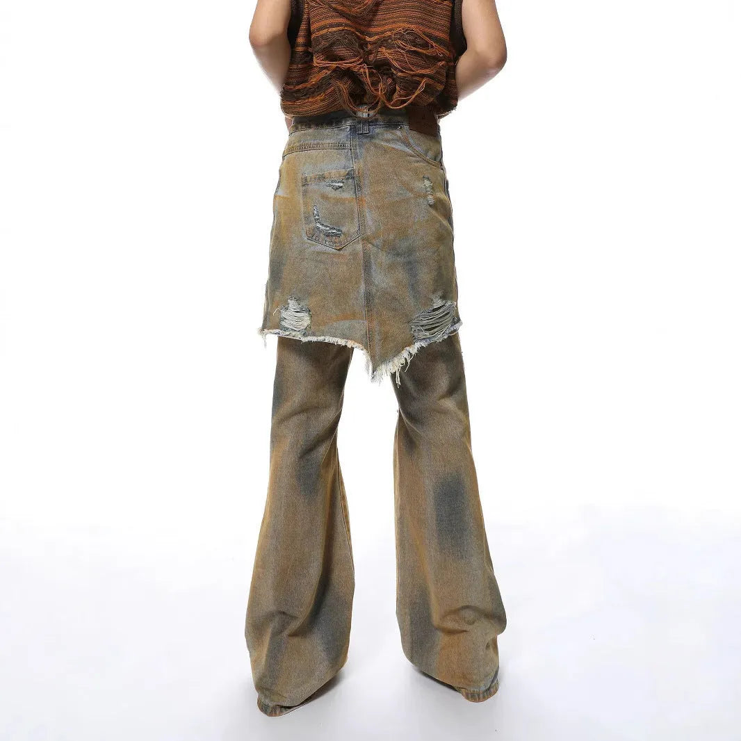 American street style loose hole bootcut pants in picture colour with high waist design
