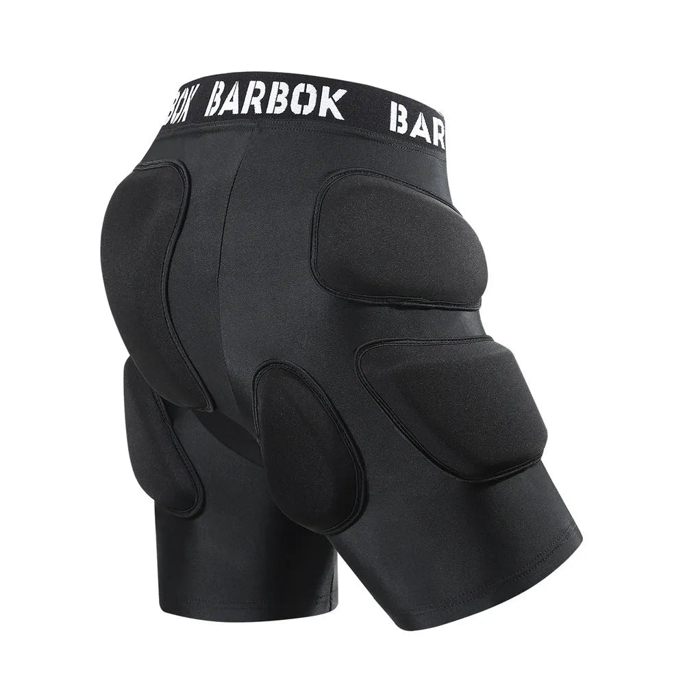 Black adult hip pad for sports protection, showing adjustable waistband and NBR padding on Spandex material.