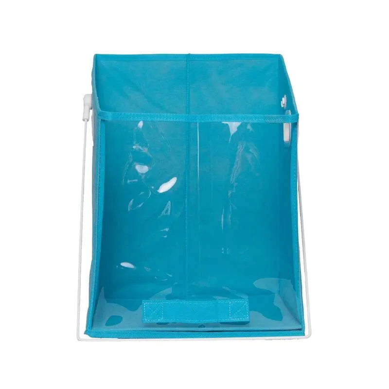 Blue folding detachable storage basket with clear front panel, shown on a shelf.