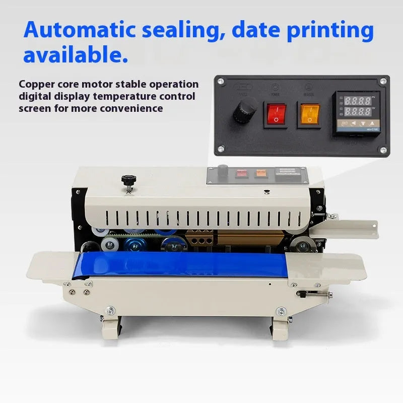 Compact manual steel sealing machine with a date print function on its sealing jaw.