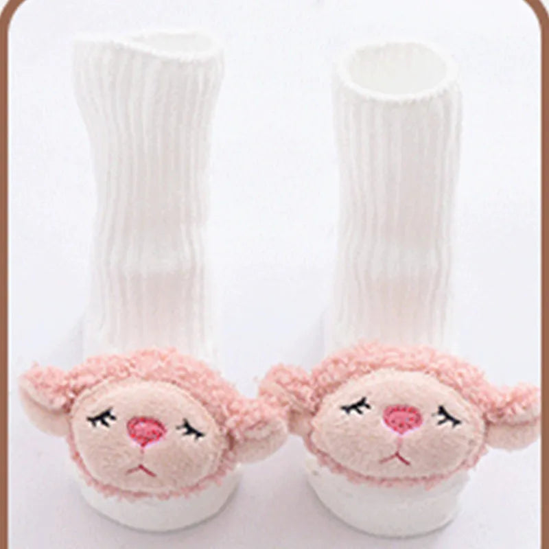 Cotton baby socks with non-slip soles in multiple designs including bows, stars, and animal prints.