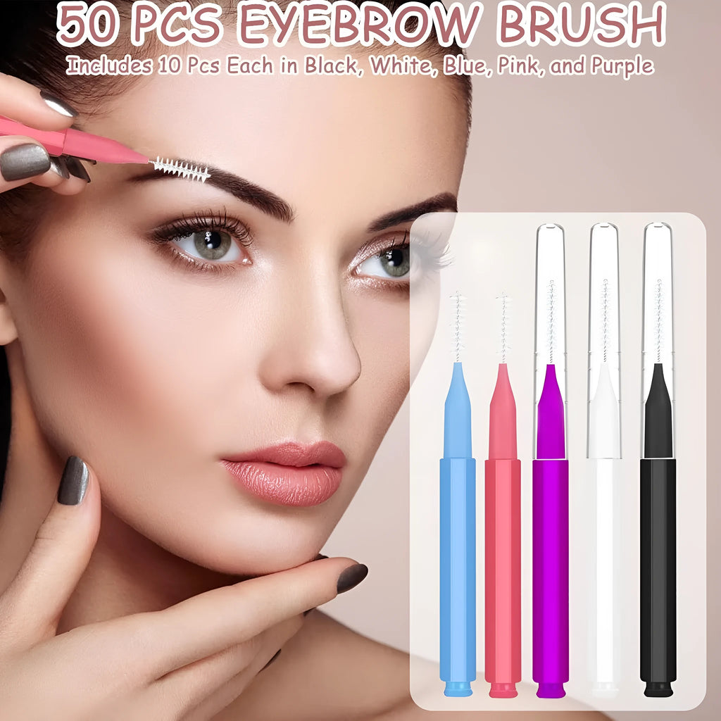Set of micro eyebrow and lash brushes with protective caps in five colours: black, blue, purple, red, and white.