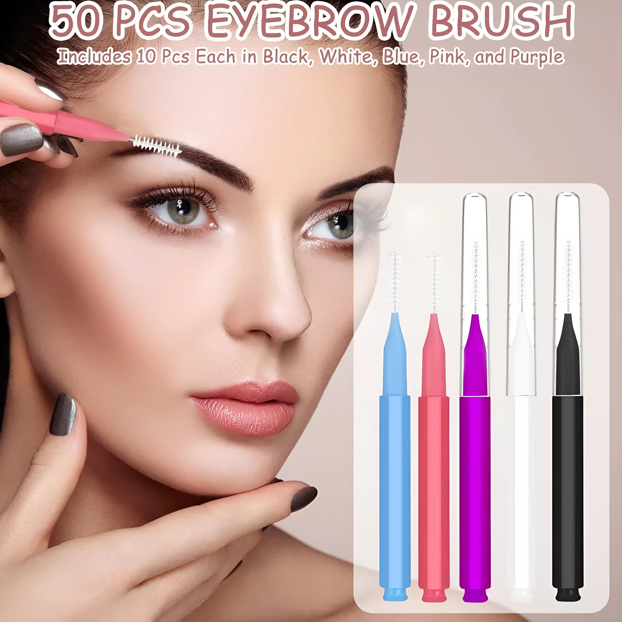 Set of micro eyebrow and lash brushes with protective caps in five colours: black, blue, purple, red, and white.