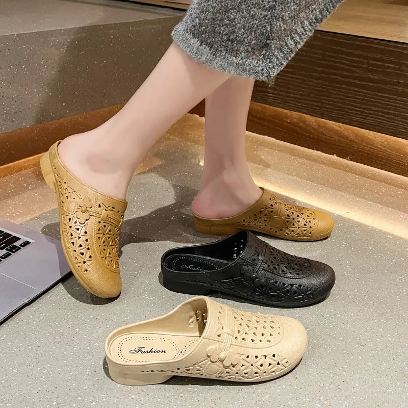 Flat toe box fairy style half slippers in apricot, black, and brown colours with hollow-out design.