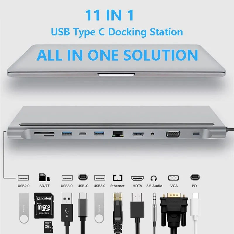 11-in-1 multifunctional docking station hub with USB 3.0 transmission rate and no external power supply in photo colour