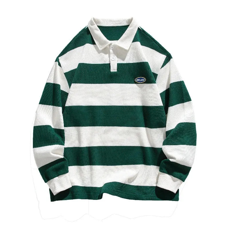 A sapphire blue striped lapel polo shirt made from soft pearl cotton, shown on a hanger.