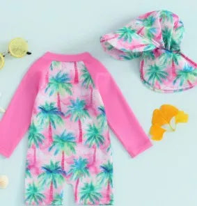Green polypropylene fibre one-piece long-sleeve baby swimsuit with matching hat on neutral background