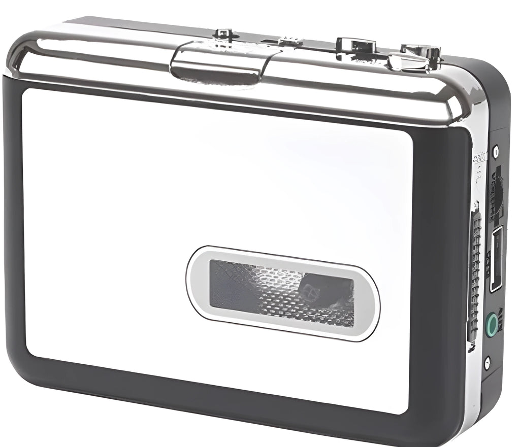 Limited Edition white USB Cassette to MP3 Converter with earphone and USB cable on tabletop