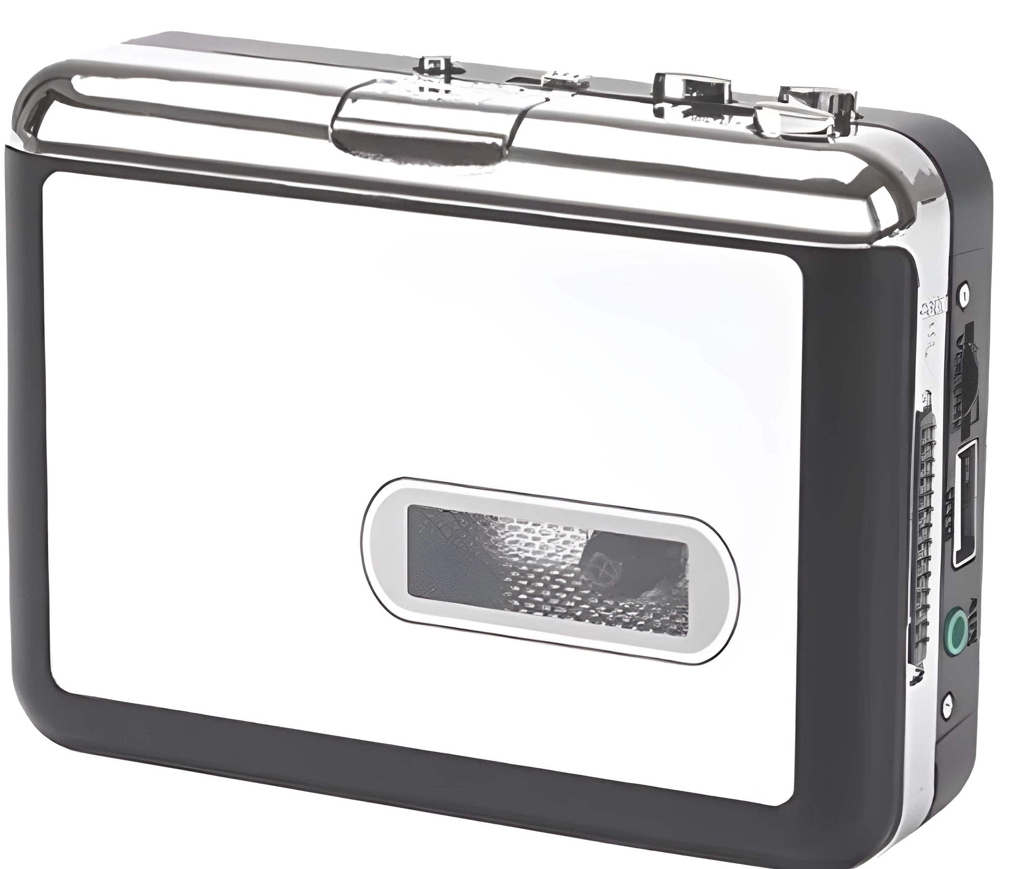 Limited Edition white USB Cassette to MP3 Converter with earphone and USB cable on tabletop