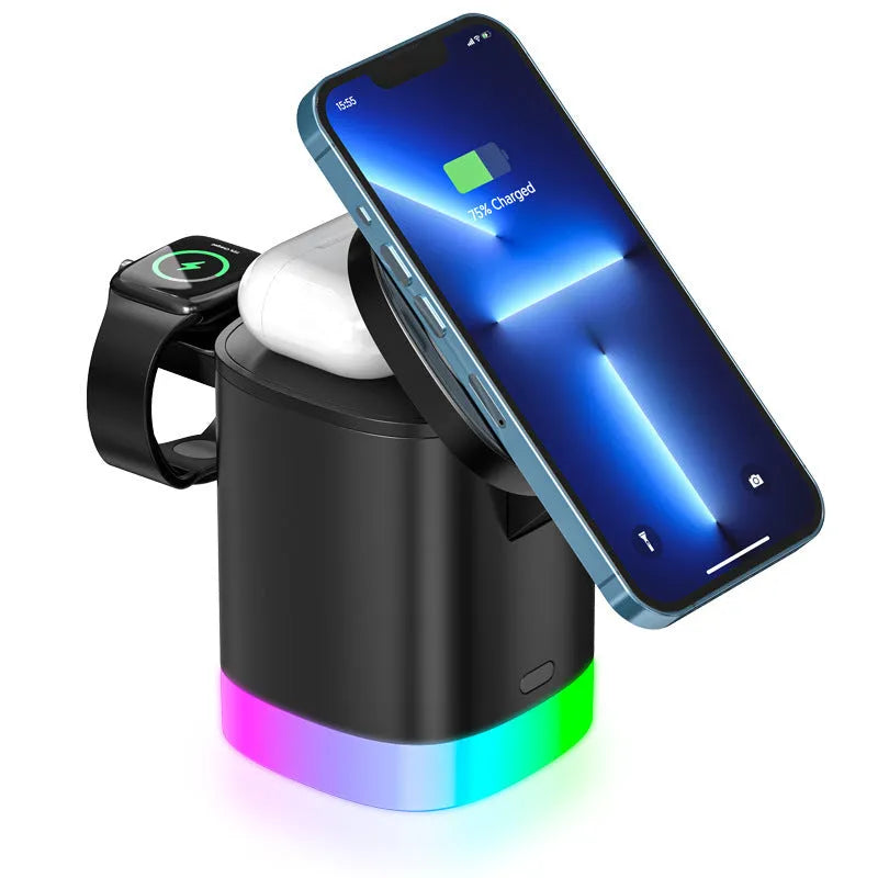 Black foldable 3 in 1 magnetic wireless charging station for phones, iWatch and AirPods with RGB indicator lights
