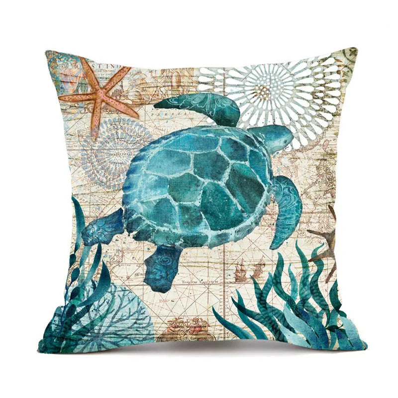 Sea turtle printed linen cushion cover 45x45cm with invisible zipper for sofa or chair