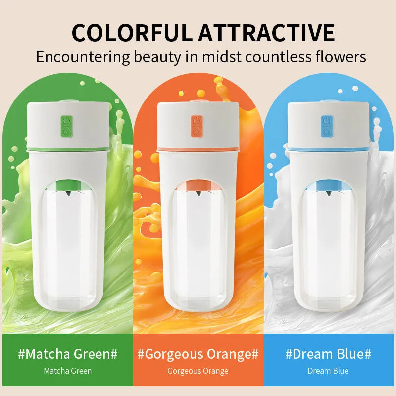 Portable electric juicer with USB charging cable next to 400ml plastic blending cup