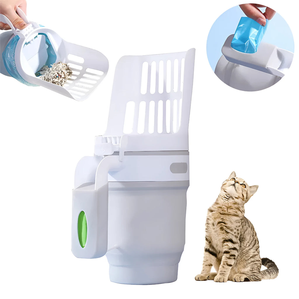 Grey foldable cat litter scoop with integrated waste canister and refill bags