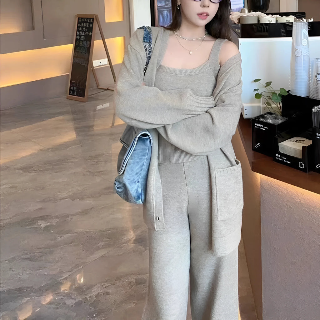 Women's knit cardigan suspender pants three-piece set in wool blend fabric