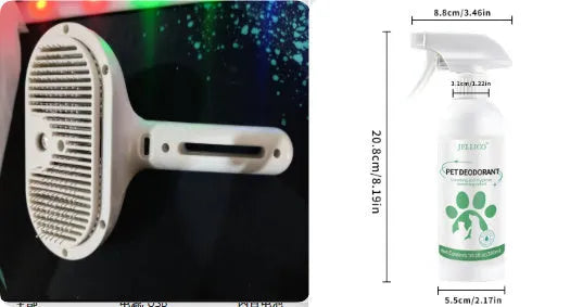 White self-cleaning pet comb with angled bristles and integrated mist humidifier, 20cm long, for dog grooming