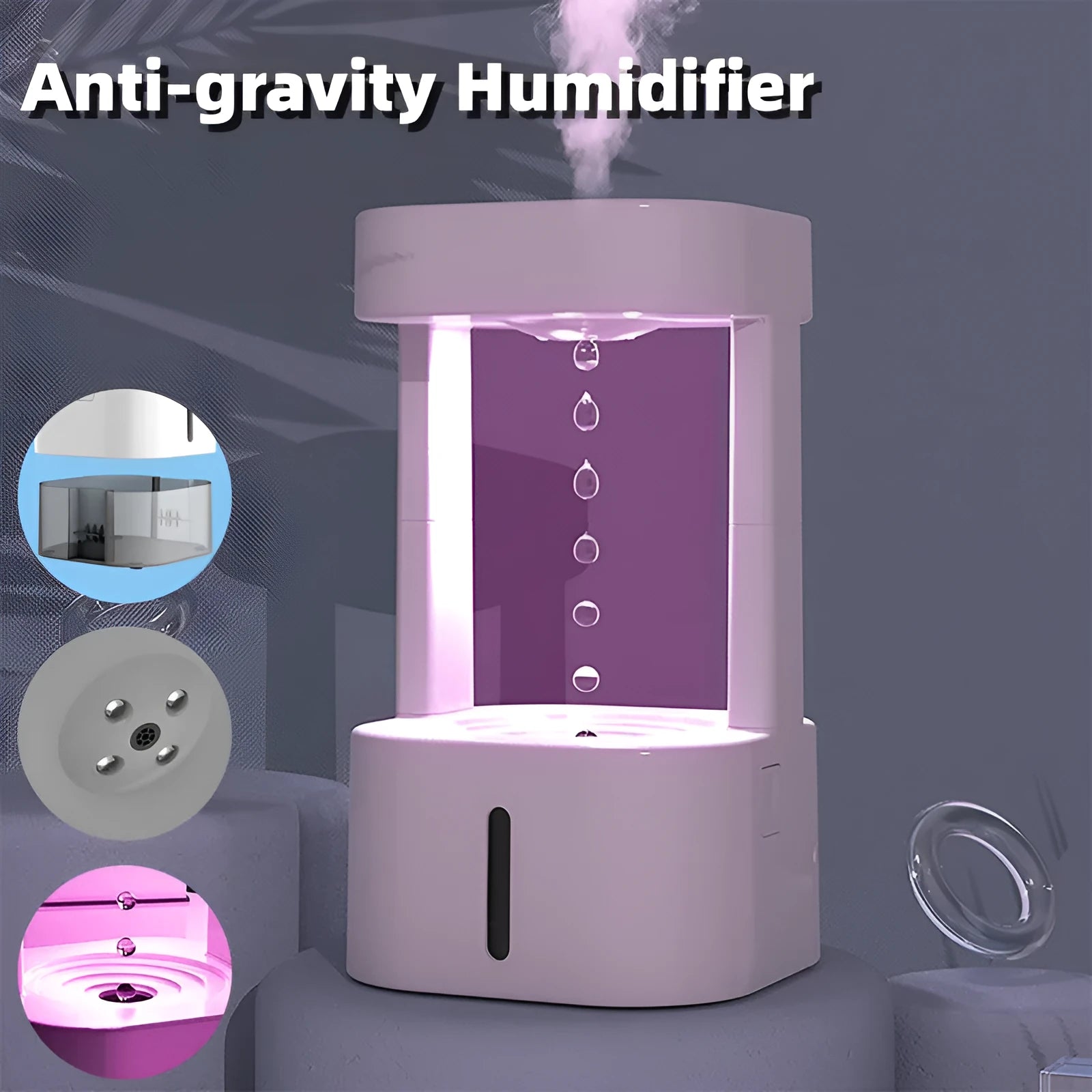Creative anti-gravity water drop humidifier with optical water droplet illusion and colour lighting