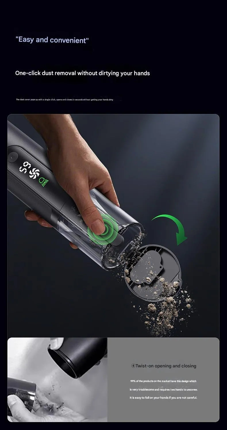 Black handheld car vacuum cleaner with green light dust detection on a car seat
