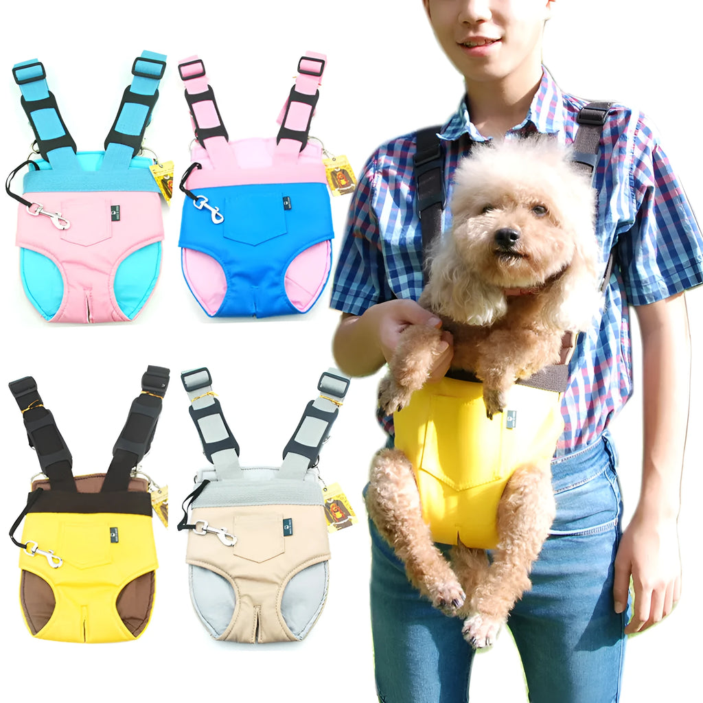 Adjustable pet chest bag in pink with soft PU exterior and cotton lining