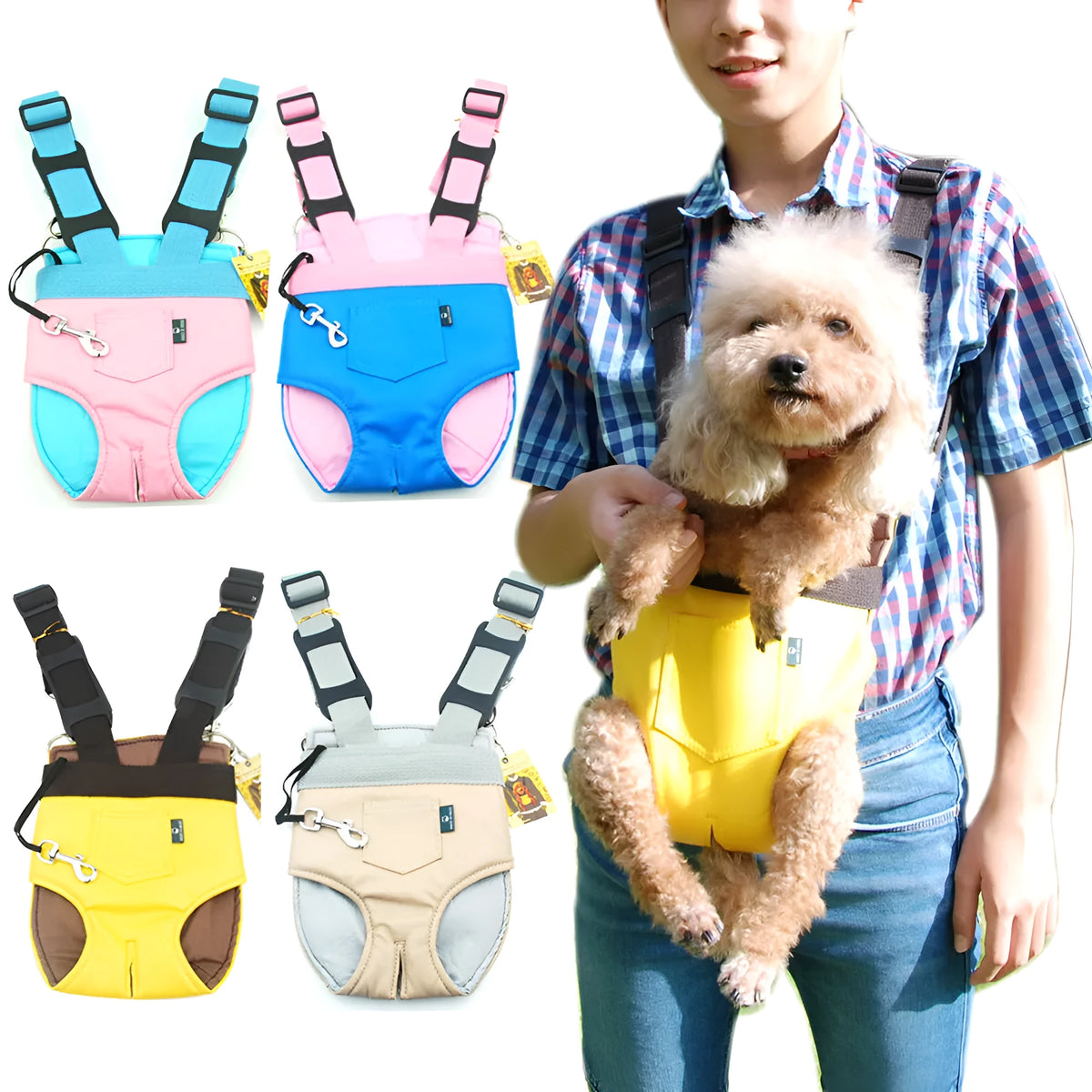 Adjustable pet chest bag in pink with soft PU exterior and cotton lining
