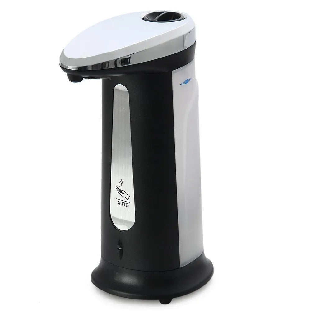 Black automatic sensor-operated liquid soap dispenser with 400ml capacity on a bathroom counter.
