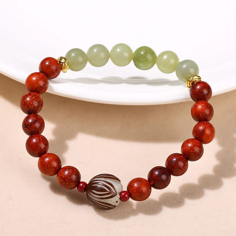 Red rosewood and grey jade Chinese style bracelet with Bodhi lotus design, showing 8mm and 12mm beads