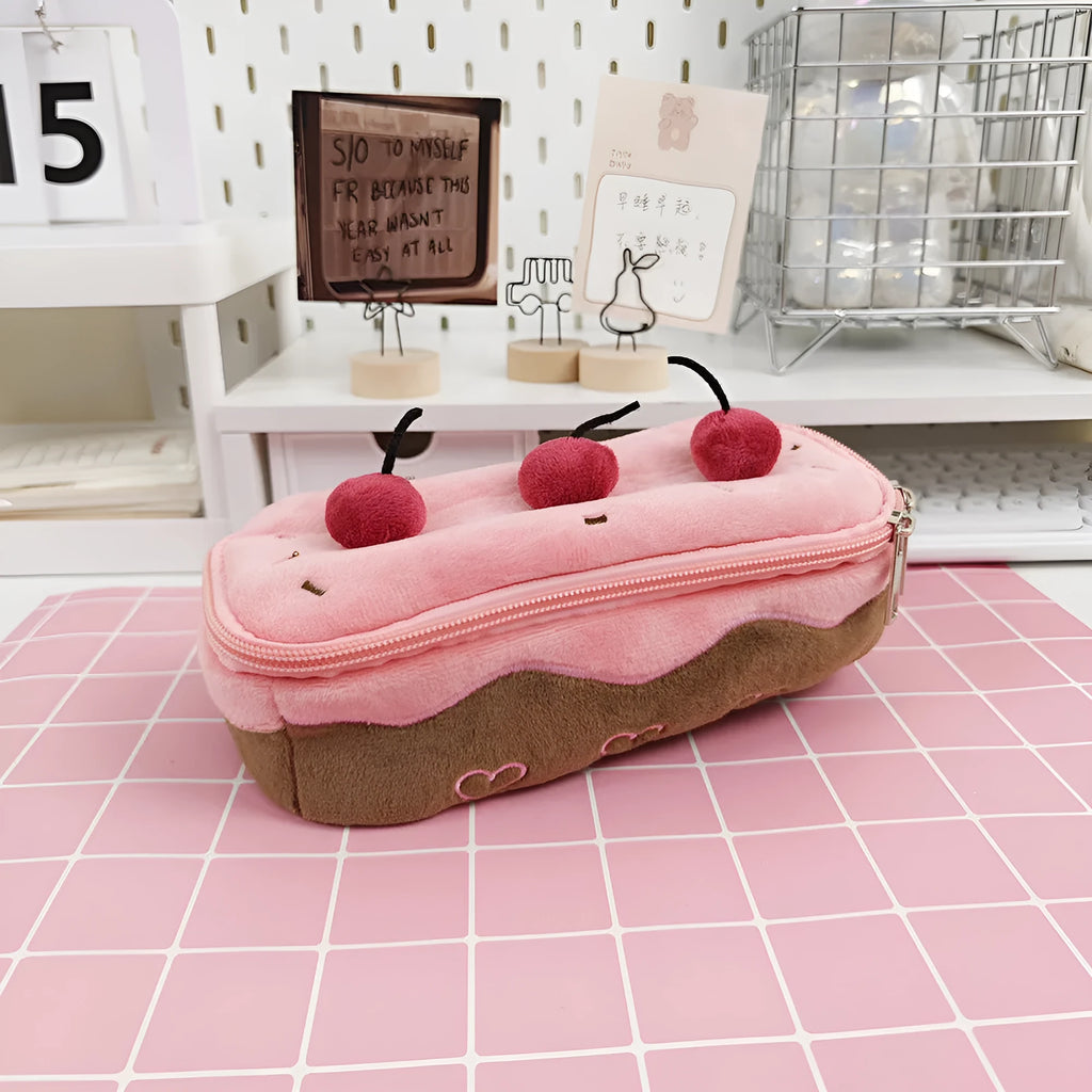Cherry Cake design plush pencil bag made from red velvet fabric with a zip.
