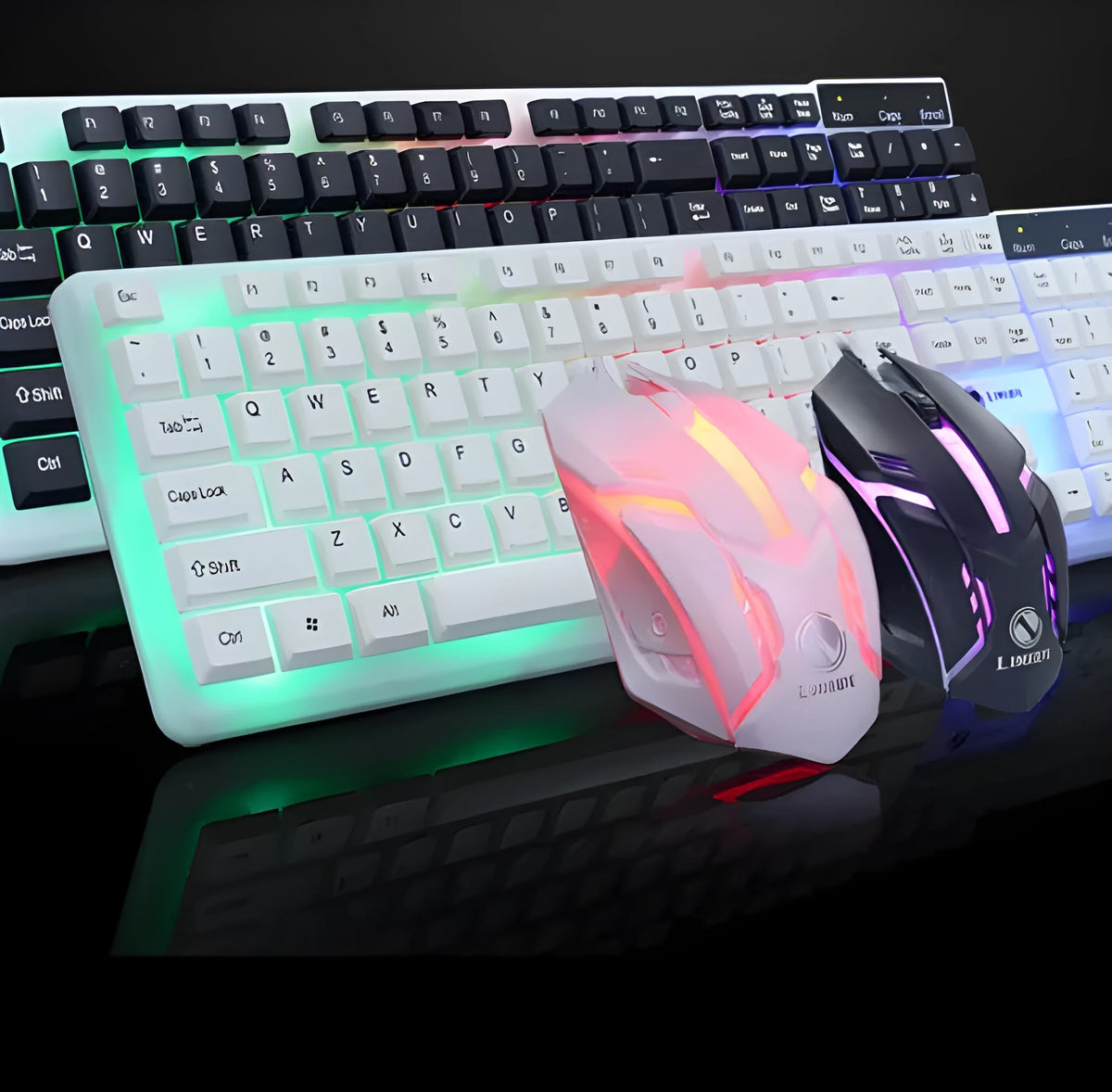 Black wired keyboard and mouse set with 104 keys floating keycaps and USB cables