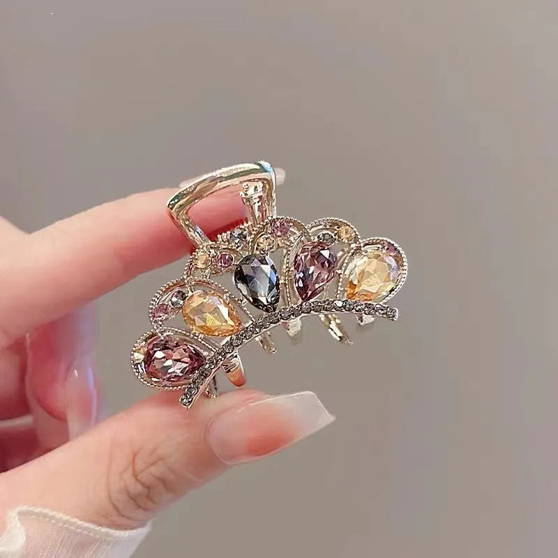 Women's alloy crystal crown hairpin headdress with electroplated finish and Korean style crown grip