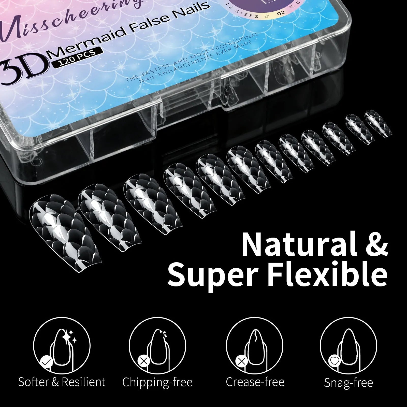 3D scale long shaping nail tips in colour-coded boxes containing 120 or 140 pieces