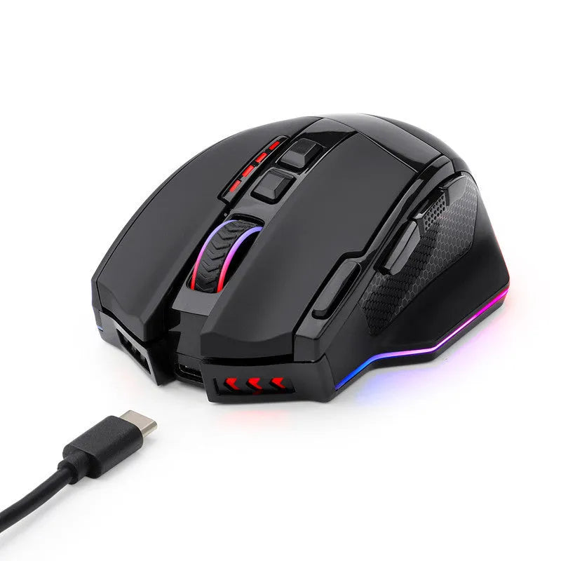 Black Redragon M801P dual-mode wireless and wired gaming mouse with nine buttons on an ergonomic rat-sized body.