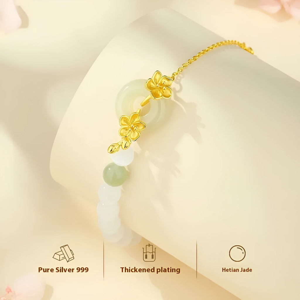 Women's pure silver bracelet with peach blossom safety buckle in New Chinese style flower design